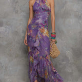 Sorcha — Elegant Purple Floral Chiffon Halter Maxi Dress