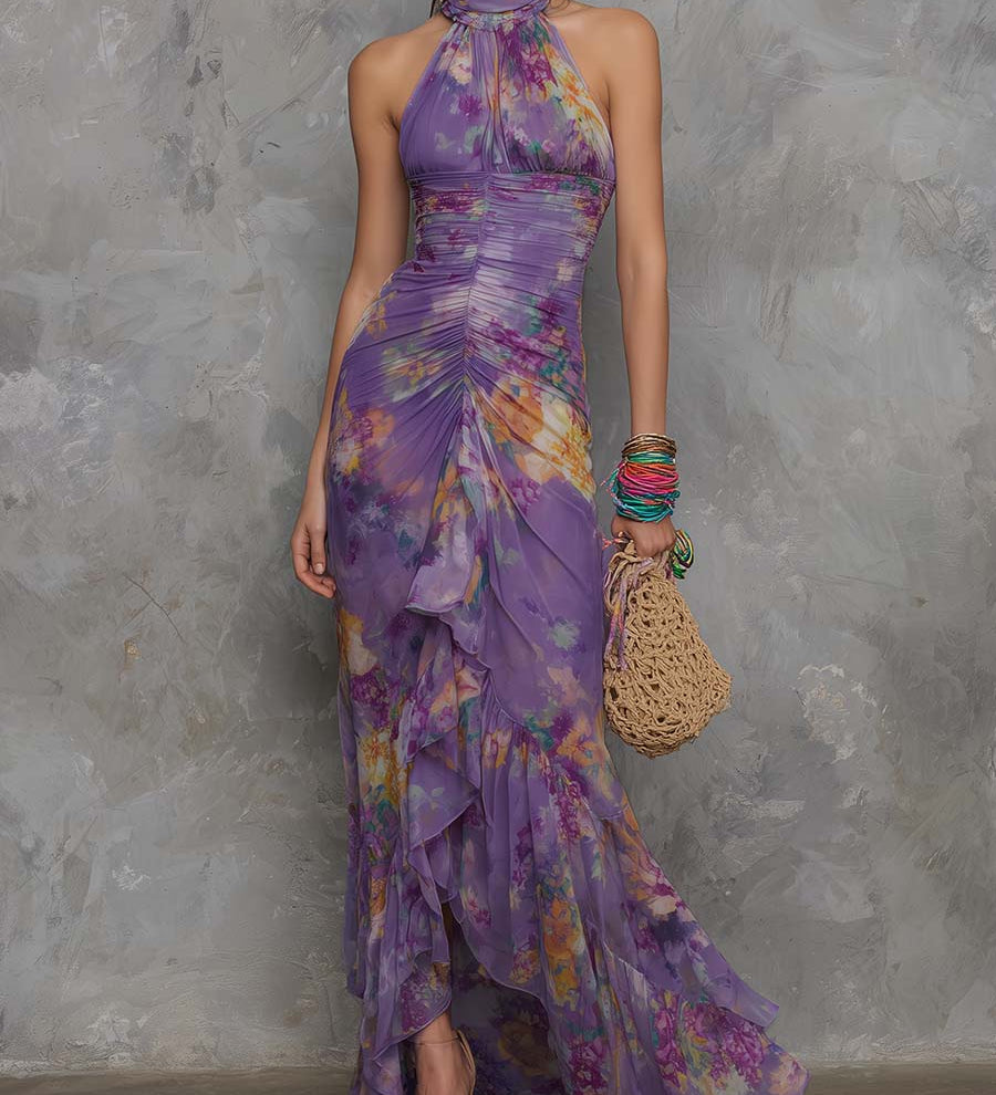 Sorcha — Elegant Purple Floral Chiffon Halter Maxi Dress