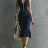 Clodagh — Elegant Halter Zipper Ruched Midi Dress