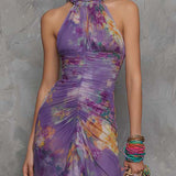 Sorcha — Elegant Purple Floral Chiffon Halter Maxi Dress