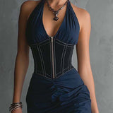 Clodagh — Elegant Halter Zipper Ruched Midi Dress