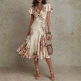 Siobhán — Elegant Retro Floral Satin Midi Dress