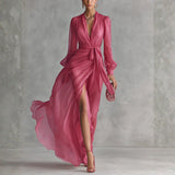 Rose — Elegant Rose Pink Chiffon V-neck Tie-waist Long Dress