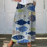Esther — Women's Vintage Lovely Fish Art Print Linen Pocket Skirt