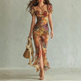 Lorraine — Long orange chiffon dress with bohemian-style oil painting print