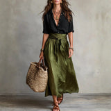 Bernadette — Two-Piece Set: Black T-Shirt and Olive Green Midi Skirt