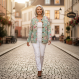 Josephine — Sage Green Cardigan with Rose Pattern