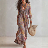 Elizabeth — Paisley Print V-neck Gathered Chiffon Maxi Dress