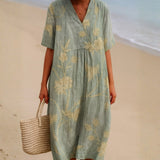 Abigail — Blue-Grey Dress with Floral Embroidery