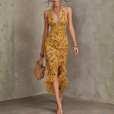 Frances — Ginger Yellow Floral Halter Neck Fitted Waist Chiffon Midi Dress