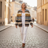 Audrey — Cardigan with stripes in blue & mustard yellow