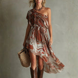 Joanne — Boho One-shoulder Irregular Marble Abstract Print Chiffon Midi Dress