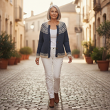 Hannah — Dark Blue Cardigan with Snowflake Pattern
