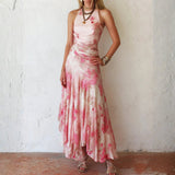 Audrey — Pink Floral Chiffon Pleated Print Sleeveless Midi Dress