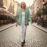 Pamela — Green cardigan with water lily motif
