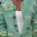 Pamela — Green cardigan with water lily motif