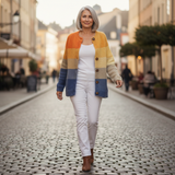 Megan — Cardigan with block pattern in mustard & blue