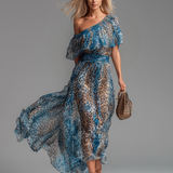 Megan — Long chiffon dress with leopard print and bare shoulders