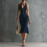 Clodagh — Elegant Halter Zipper Ruched Midi Dress