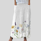 Emily — Watercolour Spring Meadows Art Printed Women's Linen Elastic waistband Pocket Skirt