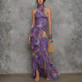 Sorcha — Elegant Purple Floral Chiffon Halter Maxi Dress