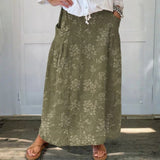 Bridget — Women's Vintage Floral Linen Elastic waistband Pocket Skirt