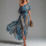 Megan — Long chiffon dress with leopard print and bare shoulders