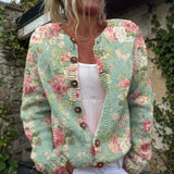 Eimear — Cardigan with rose print on a sage background and Buttons