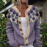 Shannon — Cardigan with a Print of Purple Flowers and Buttons