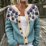 Shannon — Cardigan with a Print of Purple Flowers and Buttons