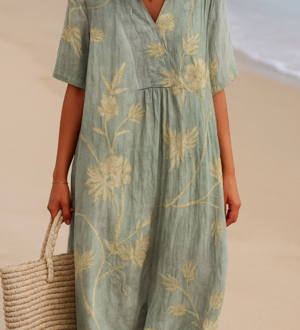Abigail — Blue-Grey Dress with Floral Embroidery