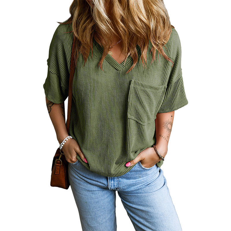 Geraldine — Casual Textured Pocket V-Neck Tee