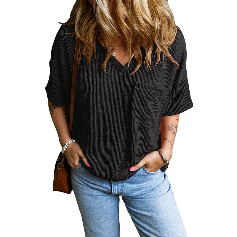 Geraldine — Casual Textured Pocket V-Neck Tee