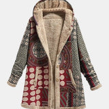 Bríd — Bordeaux Red Sherpa Coat with Geometric Pattern