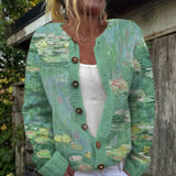 Joanne — Cardigan with Watercolour Print of Water Lilies and Buttons