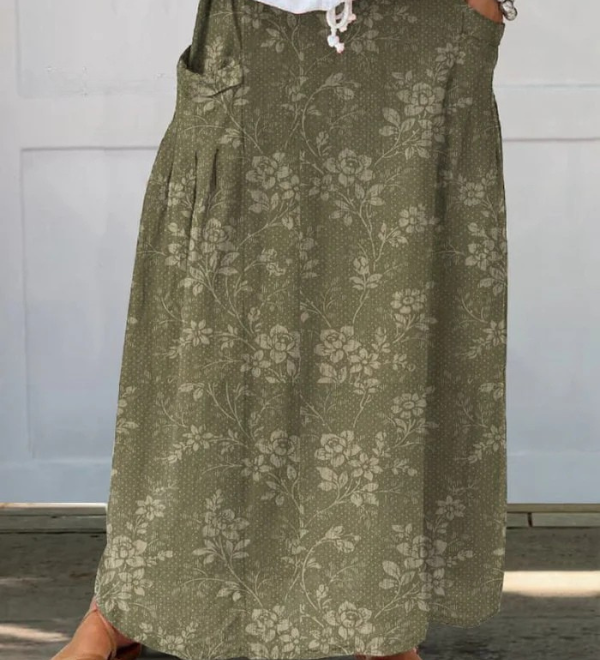 Bridget — Women's Vintage Floral Linen Elastic waistband Pocket Skirt