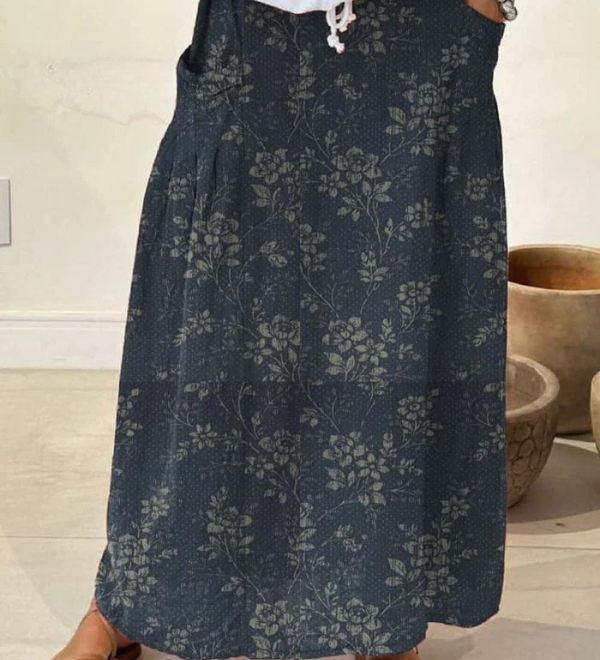 Bridget — Women's Vintage Floral Linen Elastic waistband Pocket Skirt