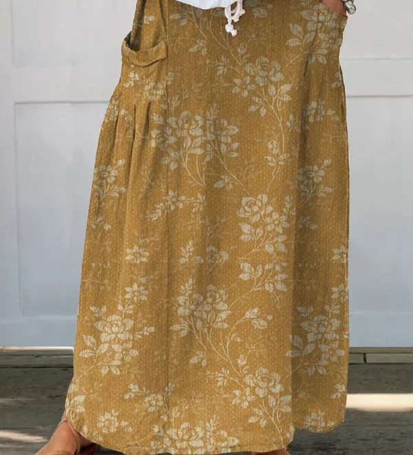 Bridget — Women's Vintage Floral Linen Elastic waistband Pocket Skirt