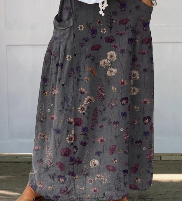 Angela — Women's Flower Art Print Linen Pocket Skirt