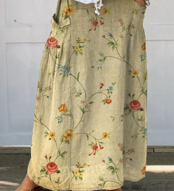 Nora — Women's Retro Elegant Floral Art Linen Elastic waistband Pocket Skirt
