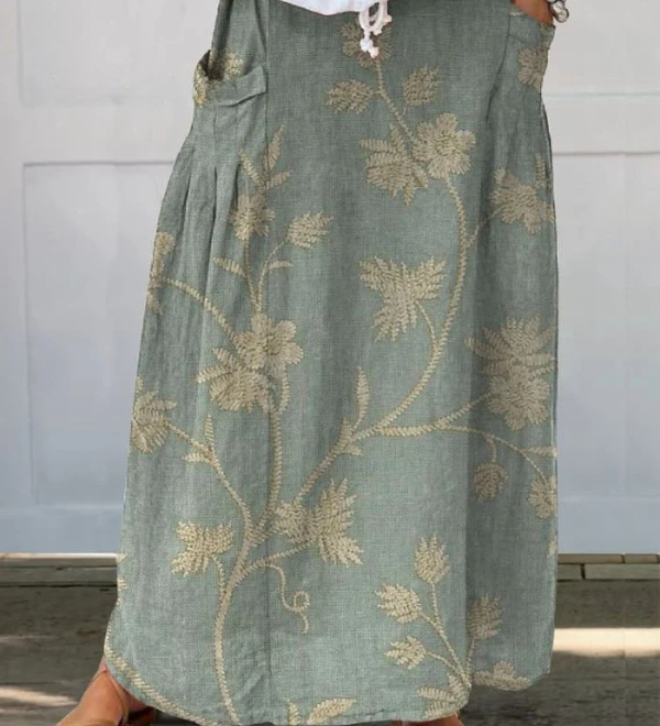 Nora — Women's Retro Elegant Floral Art Linen Elastic waistband Pocket Skirt