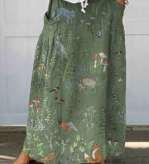 Leah — Woodland And Animals Pattern Printed Women's Linen Pocket Skirt