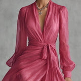 Rose — Elegant Rose Pink Chiffon V-neck Tie-waist Long Dress