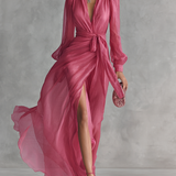 Rose — Elegant Rose Pink Chiffon V-neck Tie-waist Long Dress