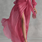 Rose — Elegant Rose Pink Chiffon V-neck Tie-waist Long Dress