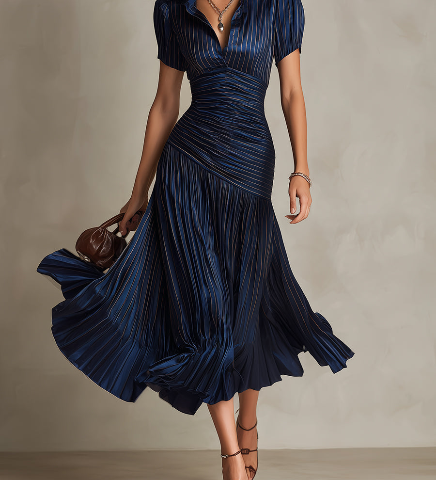 Sinéad — Striped Shirt Collar Midi Dress