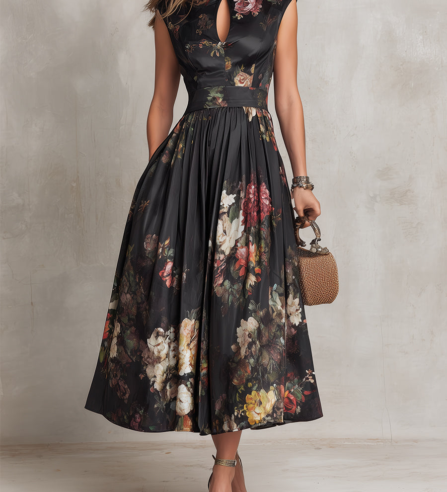 Catherine — Floral Keyhole Pleated Midi Dress