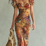 Lorraine — Long orange chiffon dress with bohemian-style oil painting print
