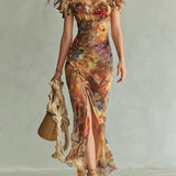 Lorraine — Long orange chiffon dress with bohemian-style oil painting print