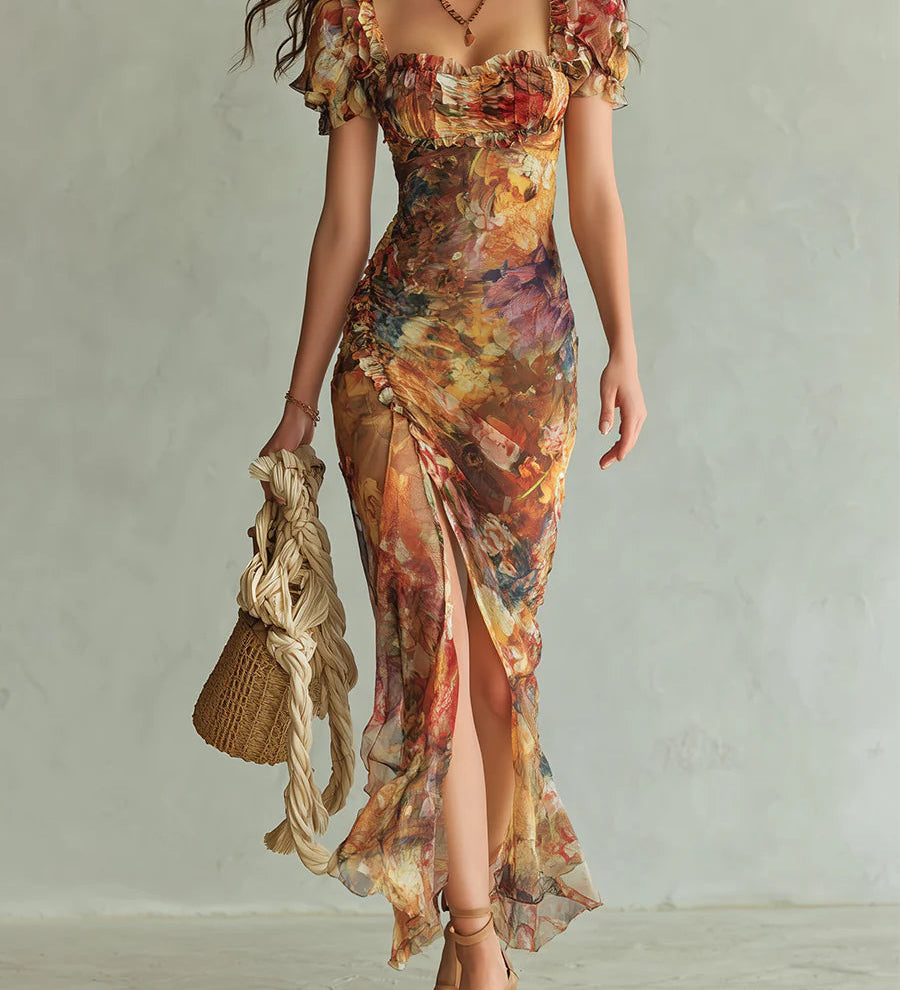 Lorraine — Long orange chiffon dress with bohemian-style oil painting print